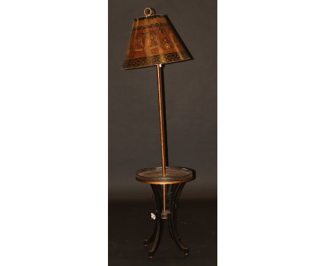 A standard lamp in the 19th Century manner, the painted simulated marquetry inlaid shade on a plain painted metal support to 