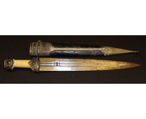 A Russian kinjal / Cossack knife with bone handle and embossed metal mounts, the blade with etched and gilt decoration and be