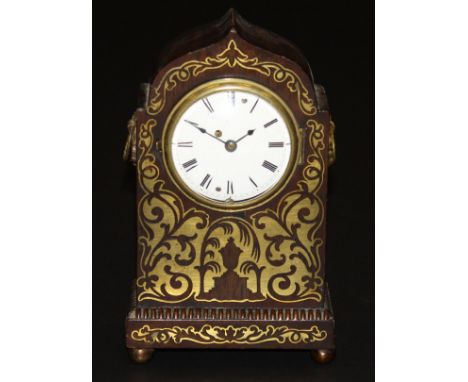 A French rosewood cased mantel clock inlaid with brass, the enamelled dial with Roman numerals, 22 cm high CONDITION REPORTS 