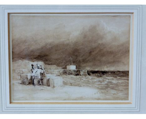 DAVID COX SNR (1783-1859) "Dover", study of the quayside with three figures in foreground, shipping in the far distance, sepi