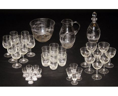 IN THE MANNER OF ROWLAND WARD - assorted glassware to include jug, bowl, decanter, eight deep wine glasses, eight shallow bow