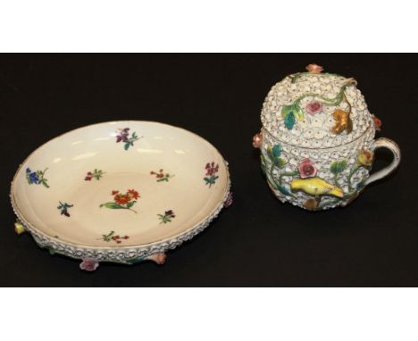 A Dresden "Schneeballen" floral encrusted and bird decorated cup, cover and saucer, saucer diameter 14.5 cm and cup and cover