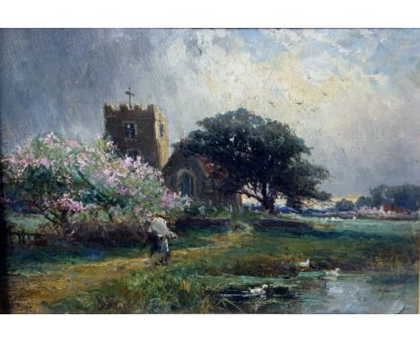 HENRY MAURICE PAGE (1845-1908) "Springtime on the Thames, Oxon", oil on board, signed lower left, 20.5 x 26.5 cm CONDITION RE