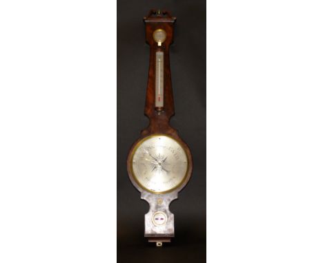 A 19th Century mahogany and ebony banded banjo barometer, the circular silvered dial with thermometer / hydrometer and spirit