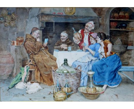 LUIGI. DA COSTA "The Card Game", study of monks and young ladies playing cards", watercolour heightened with body colour and 