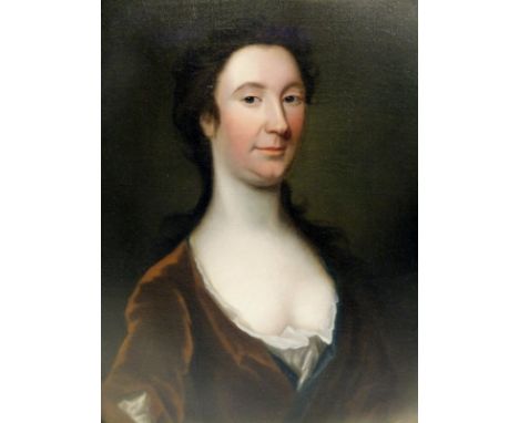 18TH CENTURY ENGLISH SCHOOL "Lady in brown dress with white silk bodice", portrait study, head and shoulders, within an oval,