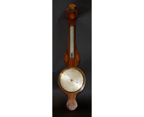 An early 19th Century mahogany and inlaid cased banjo barometer / thermometer, the silvered dial inscribed "S. Moginie, Pimli