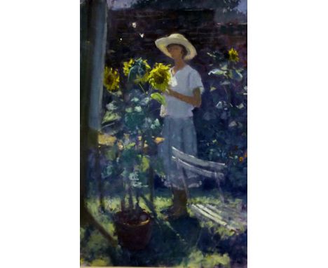 JACQUELINE WILLIAMS (b.1962) "Self portrait with sunflowers", 91.5 cm x 60.5 cm (ARR)