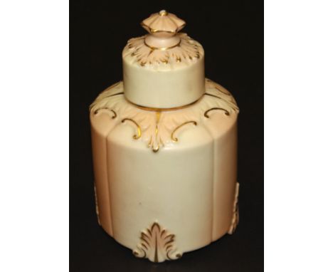 A Locke & Co. Limited Worcester blushware and gilt decorated cylindrical tea canister and cover with relief work acanthus dec