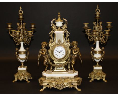 A 20th Century brass and marble cased clock garniture in the Louis XV style, the movement by EHS of Germany No'd. "130-070", 