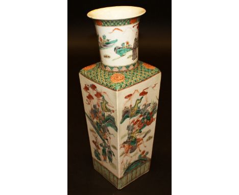 A Chinese famille-vert Kangxi palette vase, the cylindrical tapering rim over a tapered square section main body, decorated w