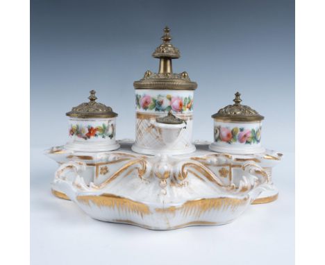 This elegant antique inkwell features two inserts with a center pump, beautifully embellished with gilding and hand-painted f