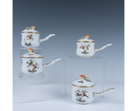 A lovely set of four pots de creme with stick handles, adorned with various birds and insects, embellished with gilt accents,