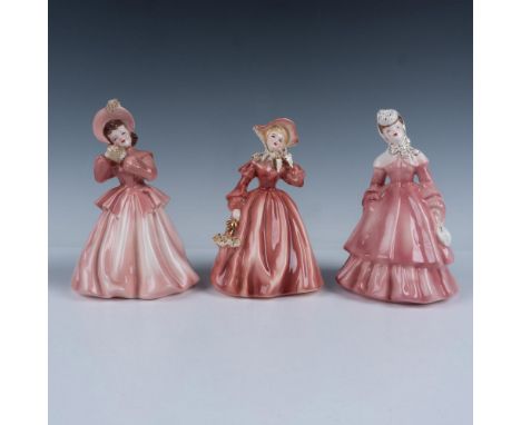 Three original Florence Ceramics female figurines that include Louise, Lilian and Linda Lou, all outfitted with gorgeous pink