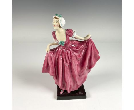 Exquisite hand painted and hand decorated figure of an elegant woman featuring a playful pose. Royal Doulton backstamp. Artis