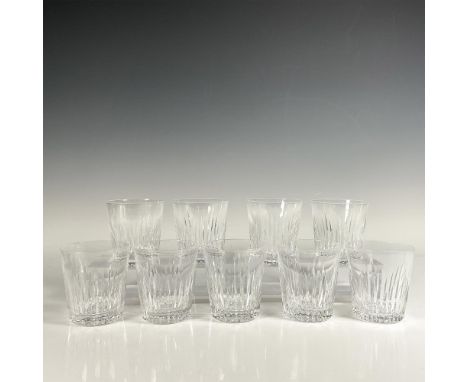 Clear crystal glass set featuring a sharp, detailed leaf pattern. Unmarked. Dimensions: 3.25"L x 3.75"HCondition: Age related