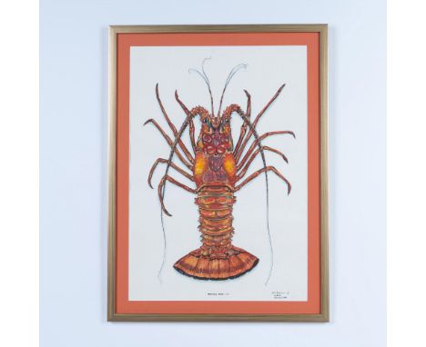 Vibrant original watercolor on laid paper featuring a large Caribbean Spiny Lobster (Panulirus Argus) that the artist paints 