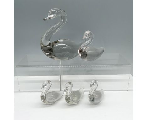 Gorgeous collection of clear art figures that includes a large swan, a medium swan, and three smaller swans. Largest item mea