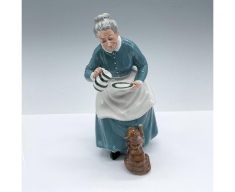 Hand decorated figure of an elderly woman feeding a saucer of milk to her cat. Royal Doulton backstamp. Artist: Mary NicollIs