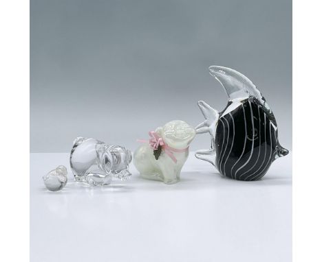 Features a small glass chick, a black and white fish, a clear glass pig and an adorable Fenton opalescent smiling pig with a 