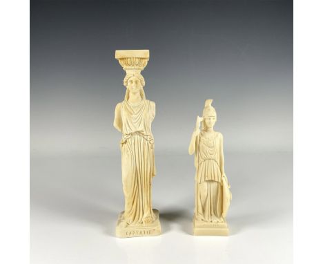 Beautiful caryatid column figures featuring Kapyatie and Athena, related to Greek mythology, adorned in classical attire with