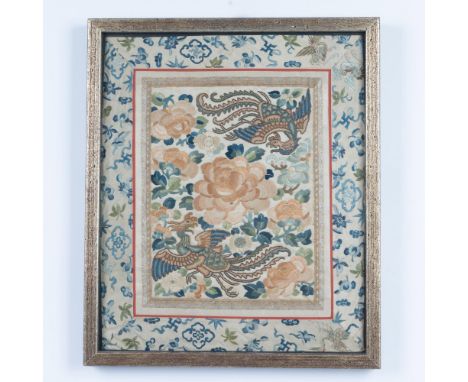 An exquisite antique silk panel, from the Daoguang period, beautifully embroidered with two phoenix birds in intricate Pekine