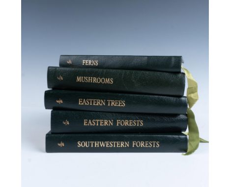 A set of 5 collector's Lifetime edition bound field guides in green genuine leather covers with green bookmark ribbons. Set i