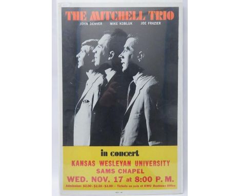 The Mitchell Trio with John Denver Concert Poster for Kansas Wesleyan University, November 17th 1965. 56cms x 36cms 