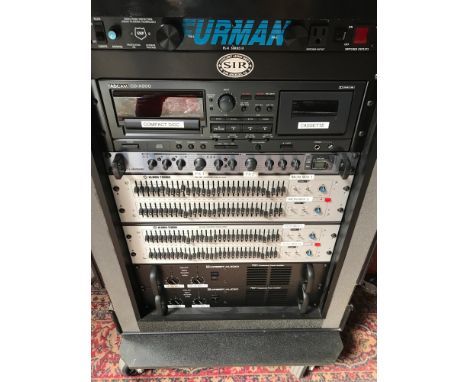 PA System DESK + POWER SUPPLY + FX + AMPS + GRAPHICS + CD/TAPE PLAYER 4 SPEAKERS EAW JFX290, SPEAKER STANDS, MIC STANDS, 1 X 