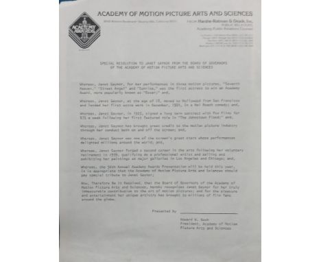 Letter from Academy of Motion Pictures Arts and Sciences for Special Resolution To Janet Gaynor with five b&amp;w photographs