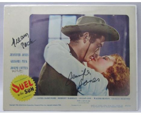 Dual In The Sun original front of house promo poster, signed by Gregory Peck and Jennifer Jones. 28cms x 35.5cms 