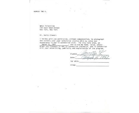 Two Clay Cole programme contract from 1967 signed by Murry The K 