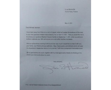 Typed letter from Olivia De Haverland to Michael Jackson thanking him for the invitation to 30th Anniversary concert signed a