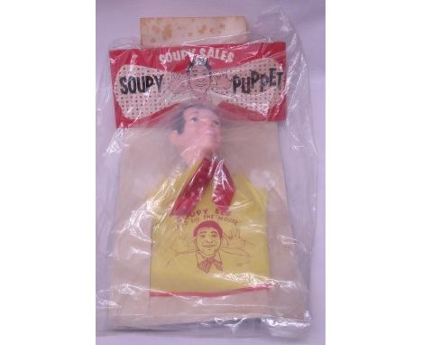Soupy Sales Hand Puppet by Gund Mfg Co 1965 with Soupy Sales Figure by Sunshine Doll Co, both with original packaging (2) 