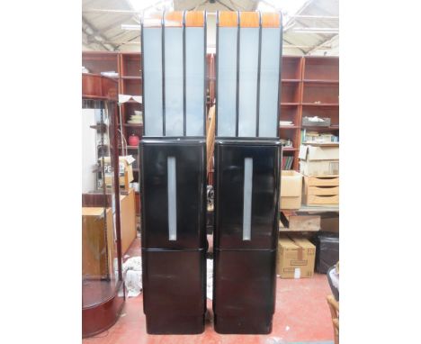Pair of 20th century bespoke two door eboinsed and frosted glass cabinets, both with walnut veneered panels to top and light 