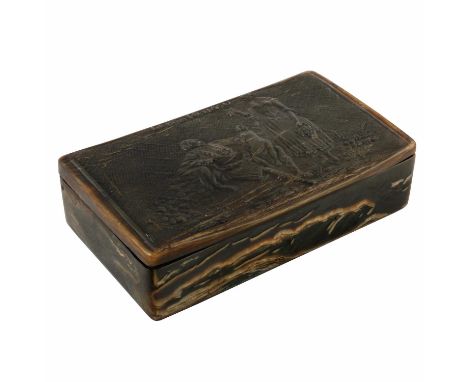 A George III horn snuff box, c.1800, the hinged cover with scene of a lady with a basket of grapes next to a Gentleman with a