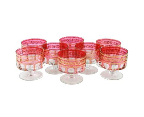 A set of eight mid-20th Century Bohemian overlay glass dessert/sundae dishes, the circular facet panel cut clear glass bowls 