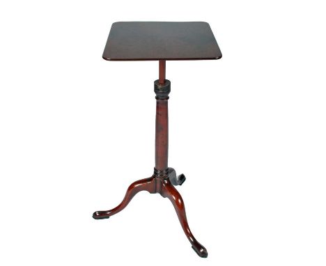 A George III mahogany telescopic tripod table c.1790, the adjustable square telescopic top on a gun barrel stem with cabriole
