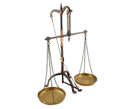 A set of late 19th Century beam scales, by T. Avery Ltd of Birmingham, in an Arts and Crafts style, with a black and gilt dec