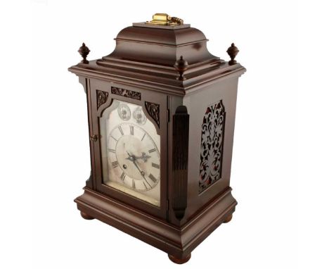 A Georgian style mahogany bracket clock, c.1900, the silvered Roman dial with chime/silent and slow/fast subsidiary dials, 8-