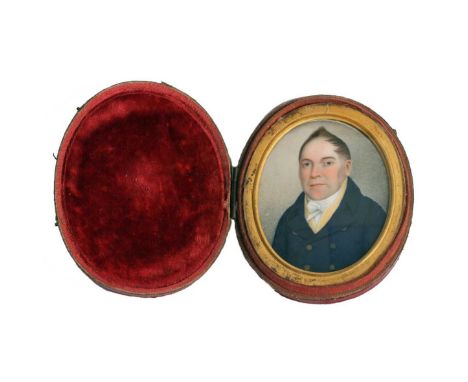 A 19th Century portrait miniature of a Gentleman wearing blue overcoat and white cravat, on ivory, in a red leather case, wit