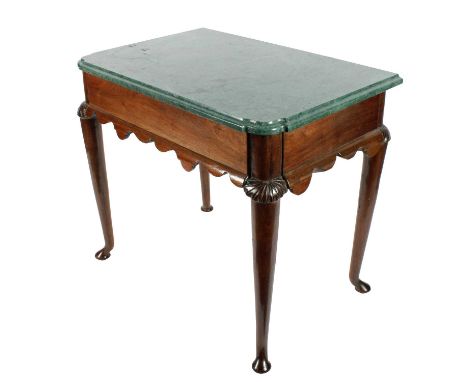 A George II walnut and marble-topped console table, the later rounded rectangular and moulded green marble top above a plain 