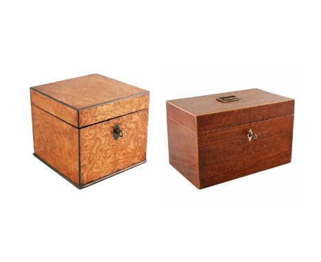  A George III burr elm tea caddy, c.1800, the square box-shaped caddy with hinged cover and ebony edges, single compartment i