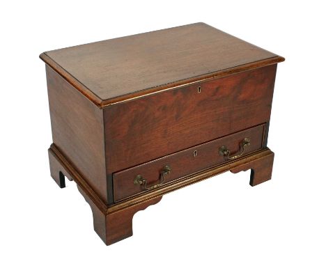 A Georgian style mahogany box, c.1880, rectangular with a hinged moulded top above a drawer with a cockbeaded edge and brass 