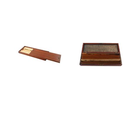 A 19th Century mahogany box of engineering rules and set square by Elliot Brothers, stamped 'Elliot Bros, 449 Strand, London'