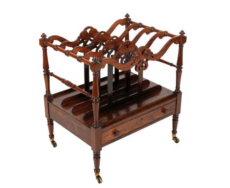 A George IV/William IV rosewood sheet music Canterbury, c.1830, with single drawer and turned rosewood outer frame and legs, 