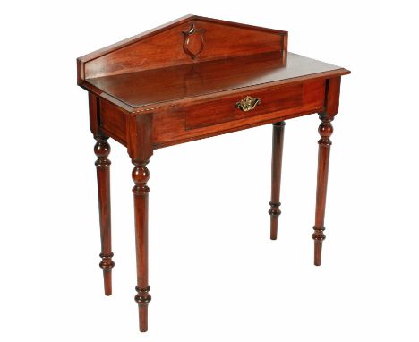 A Victorian mahogany hall or console table, c.1880, the raised back with overhanging mould and shield in the centre, and rect