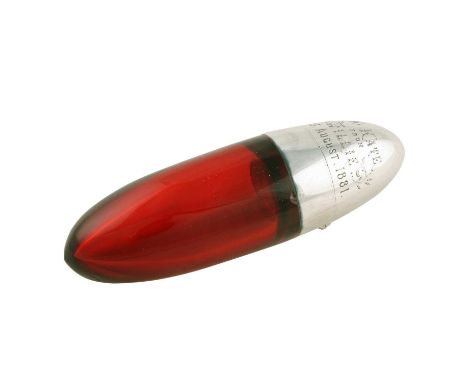 A Victorian oval ruby glass and silver mounted perfume bottle, by Sampson Mordan &amp; Co, London 1880, the hinged cover with