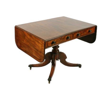 A George III mahogany sofa table, the rectangular top with two 'D' shaped leaves, all cross-banded in rosewood with a reeded 
