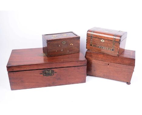 A Victorian writing slope with engraved brass plate to the top and carrying handles, the interior with a blue writing surface